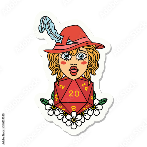 human bard with natural 20 dice roll sticker