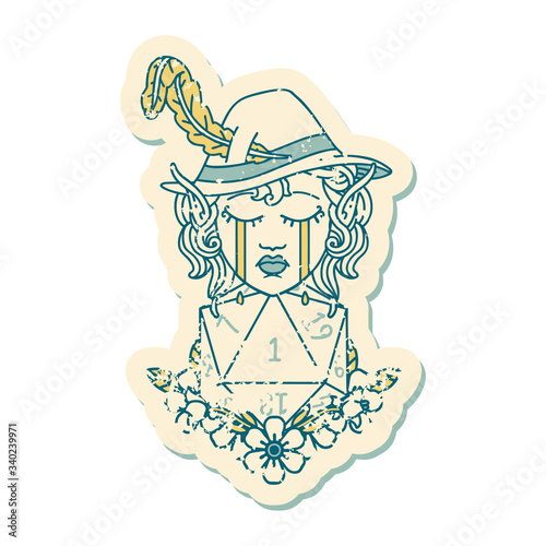crying elf bard character with natural one D20 roll illustration