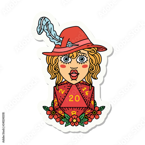 human bard with natural 20 dice roll sticker