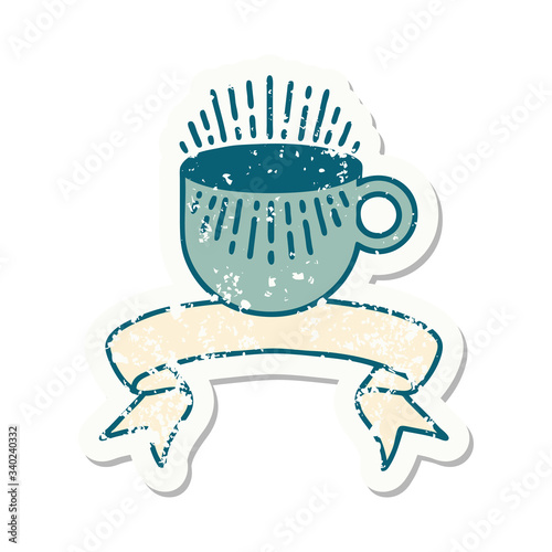 grunge sticker with banner of cup of coffee