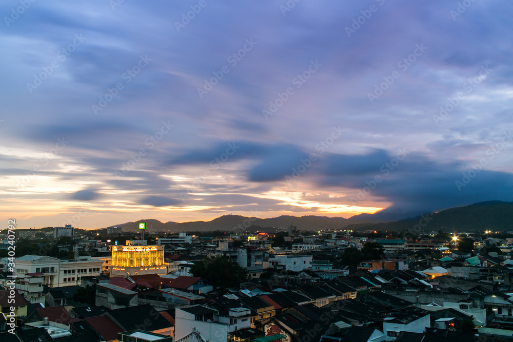 panorama of the Asian city at sunset 
