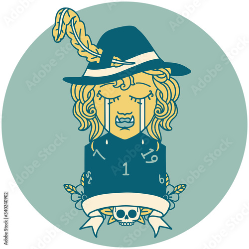 crying orc bard character with natural one D20 roll illustration