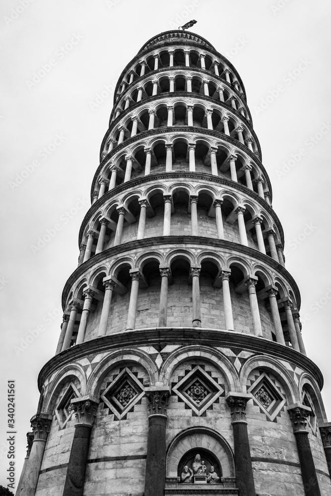 Black and white image of the Leaning Tower of Pisa (Torre di Pisa) one of the most iconic Italian landmarks