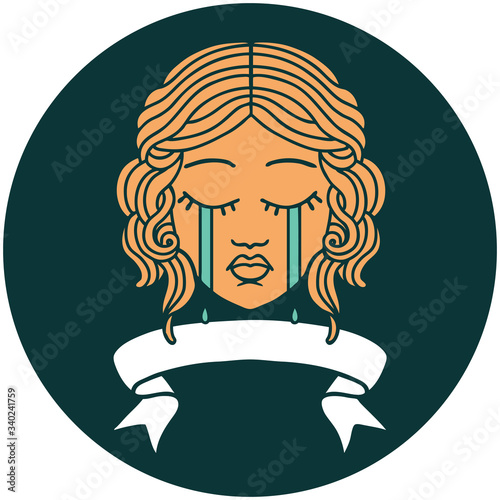 icon with banner of female face crying