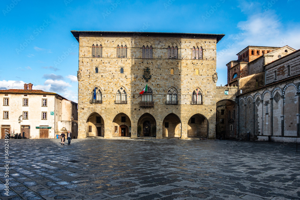 The elegant medieval facade Pistoia town hall (Palazzo del Comune), Tuscany, Italy