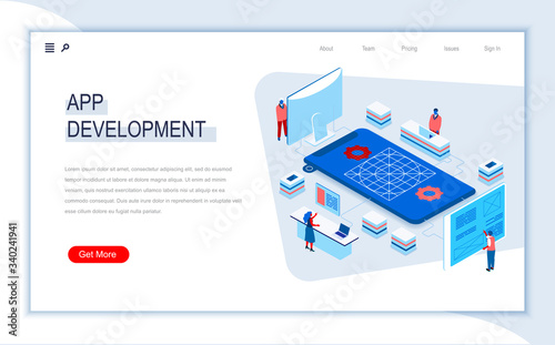 App development isometric landing page. UI UX usability design, application prototyping, construction and programming. Digital technology and devices. Busy people in work situation 3d vector isometry.