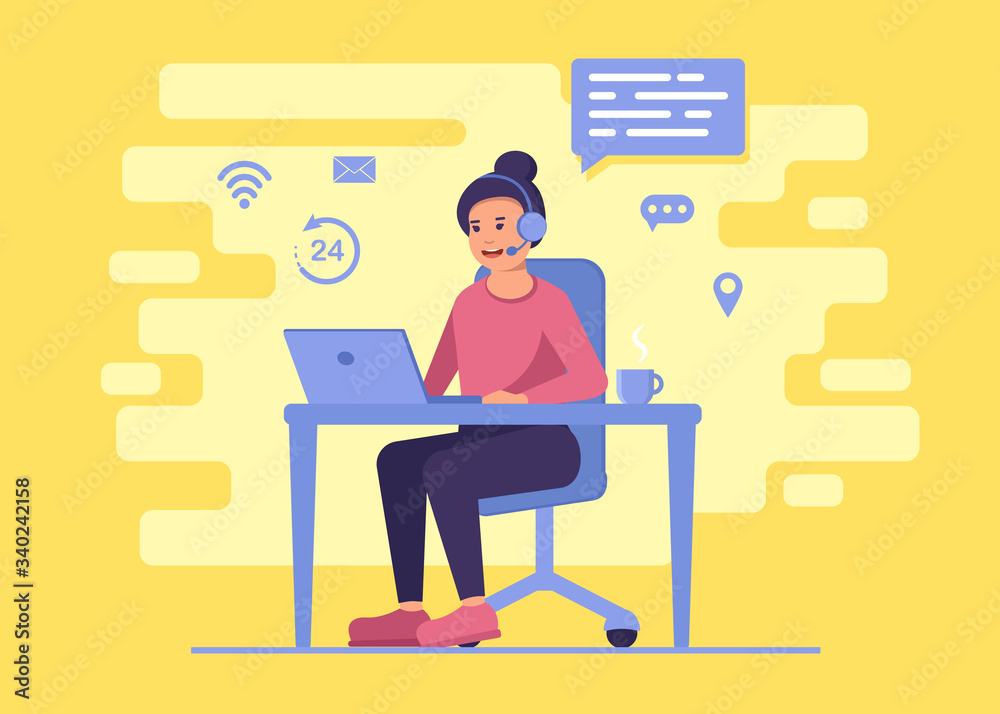 Work from home. Freelance Business woman at his desk is working on the laptop computer. Vector illustration in flat style. Work from home. Freelance Business woman at his desk is working on the laptop computer. Vector illustration in flat style.