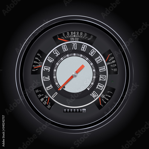 Car retro black circle. Speedometer round speed motorbike. Steering wheel and dashboard in historic vintage car.