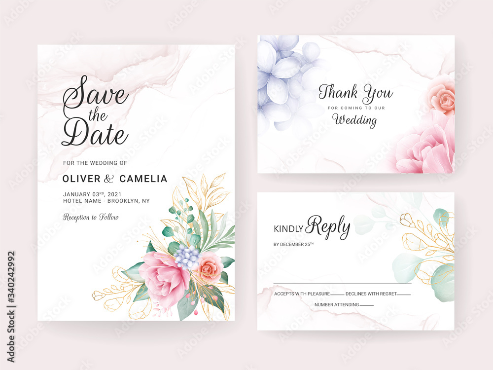 Wedding invitation card template set with gold watercolor floral decorations and glitter. Flowers arrangements for save the date, greeting, details, cover. Botanic illustration vector