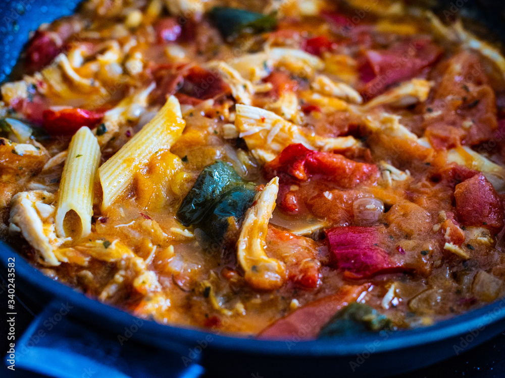Chicken ragout with tomatoes, pepper and onion in cooking pan Chicken ragout with tomatoes, pepper and onion in cooking pan