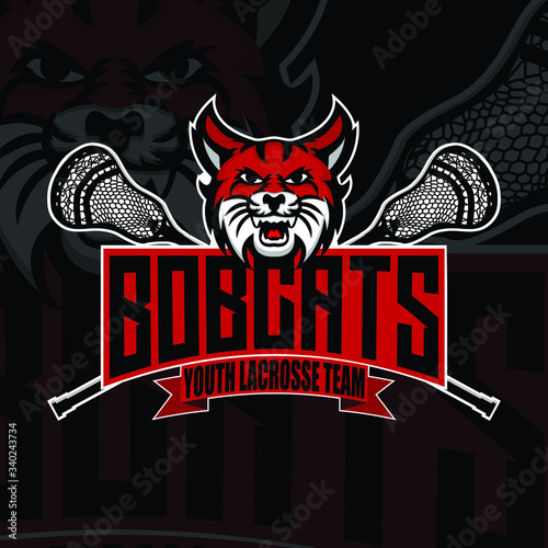 Lacrosse logo team with bobcat mascot  and lacrosse stick