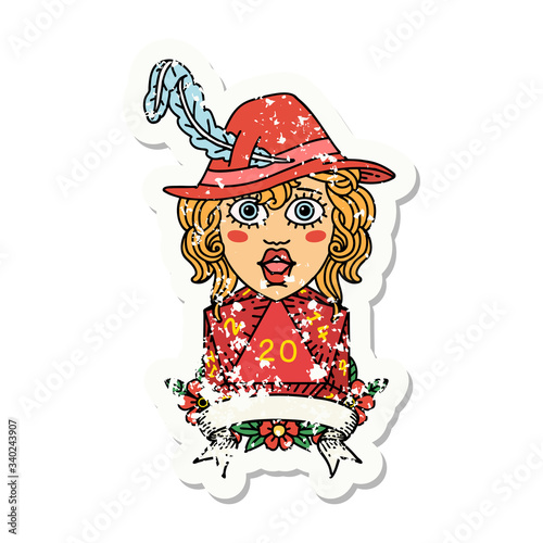 human bard character with natural 20 dice roll illustration