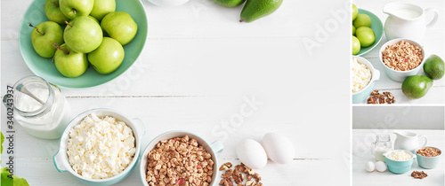 Clean food of healthy culinary ingredients. Food frame. Superfood concept. Fitness breakfast. Healthy eating and nutrition, dieting, vegetarian cuisine, cooking concept. Banner, collage