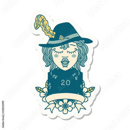 human bard character with natural 20 dice roll sticker