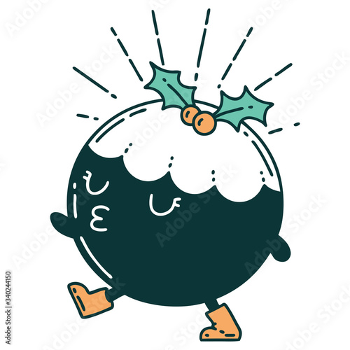 traditional tattoo style christmas pudding character walking