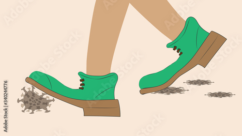 The coronavirus bacterium was crushed with shoes. Two legs in green boots.