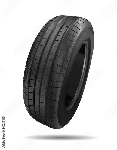 Tire car. 3D illustration of car tire isolated on white background. Car wheel. Black rubber wheel. Realistic vector.