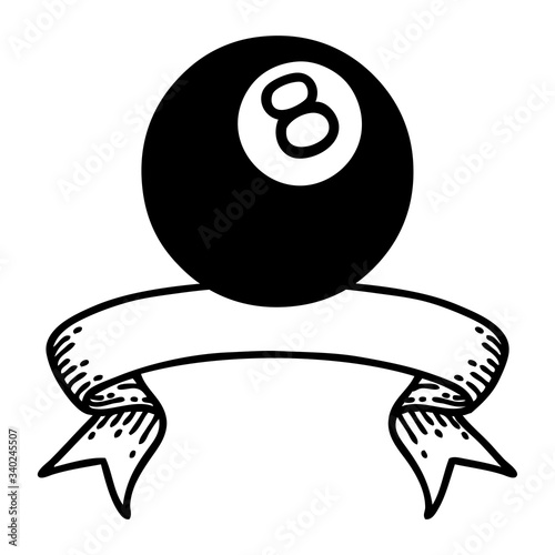 black linework tattoo with banner of a 8 ball