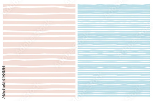 Set of 2 Hand Drawn Irregular Geometric Vector Patterns. White Horizontal Stripes Isolated on a Pastel Blue and Light Pink Background. Infantile Style Abstract Graphic. Cute Repeatable Design.