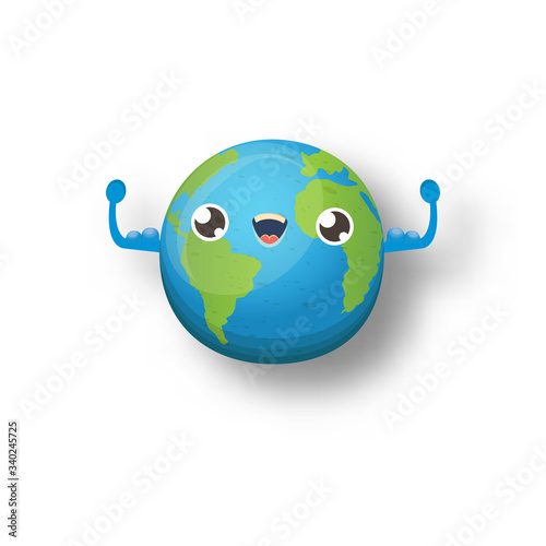 Cartoon cute smiling earth planet character isolated on white background. Eath day concept design party poster template with funny kawaii earth globe