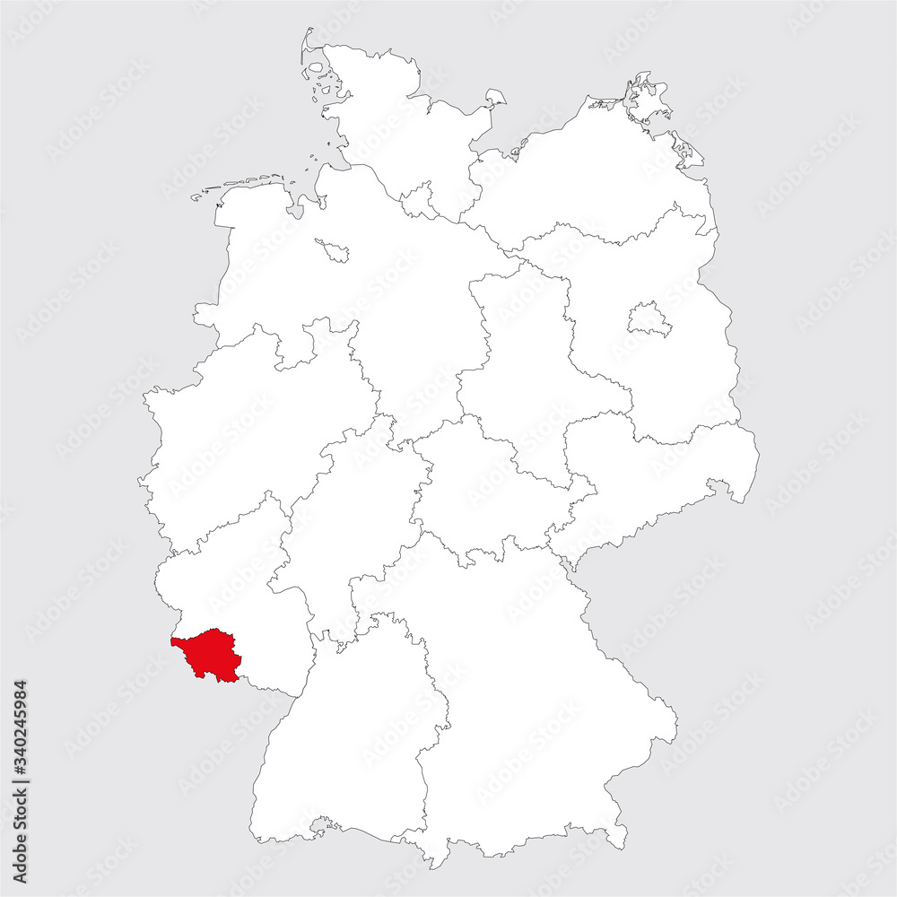 Saarland province highlighted on germany map. Gray background. German political map. Saarland province highlighted on germany map. Gray background. German political map.