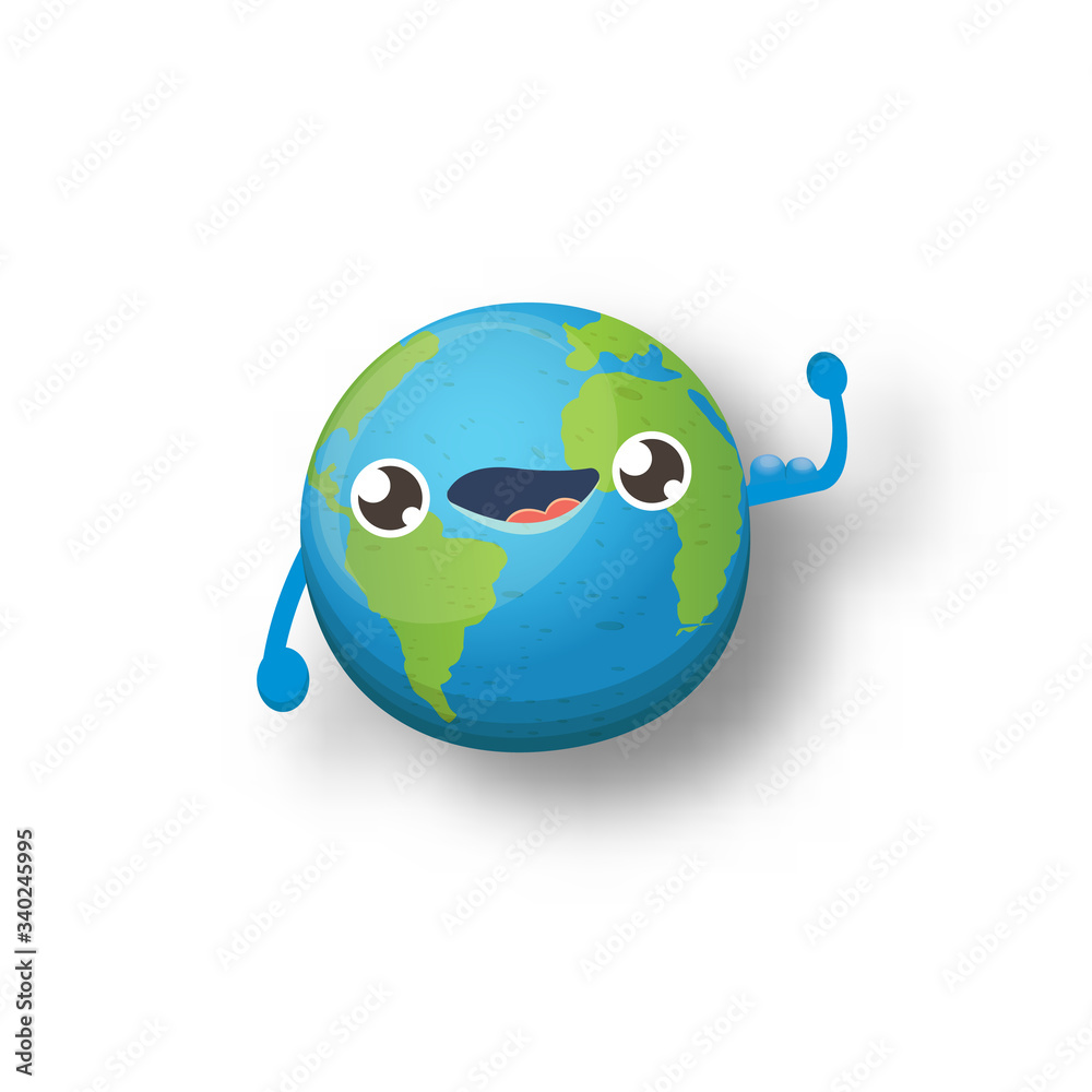 Cartoon cute smiling earth planet character isolated on white background. Eath day concept design party poster template with funny kawaii earth globe Cartoon cute smiling earth planet character isolated on white background. Eath day concept design party poster template with funny kawaii earth globe