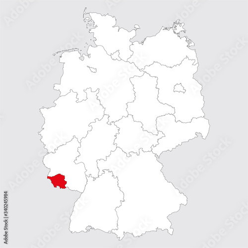 Saarland province highlighted on germany map. Gray background. German political map.
