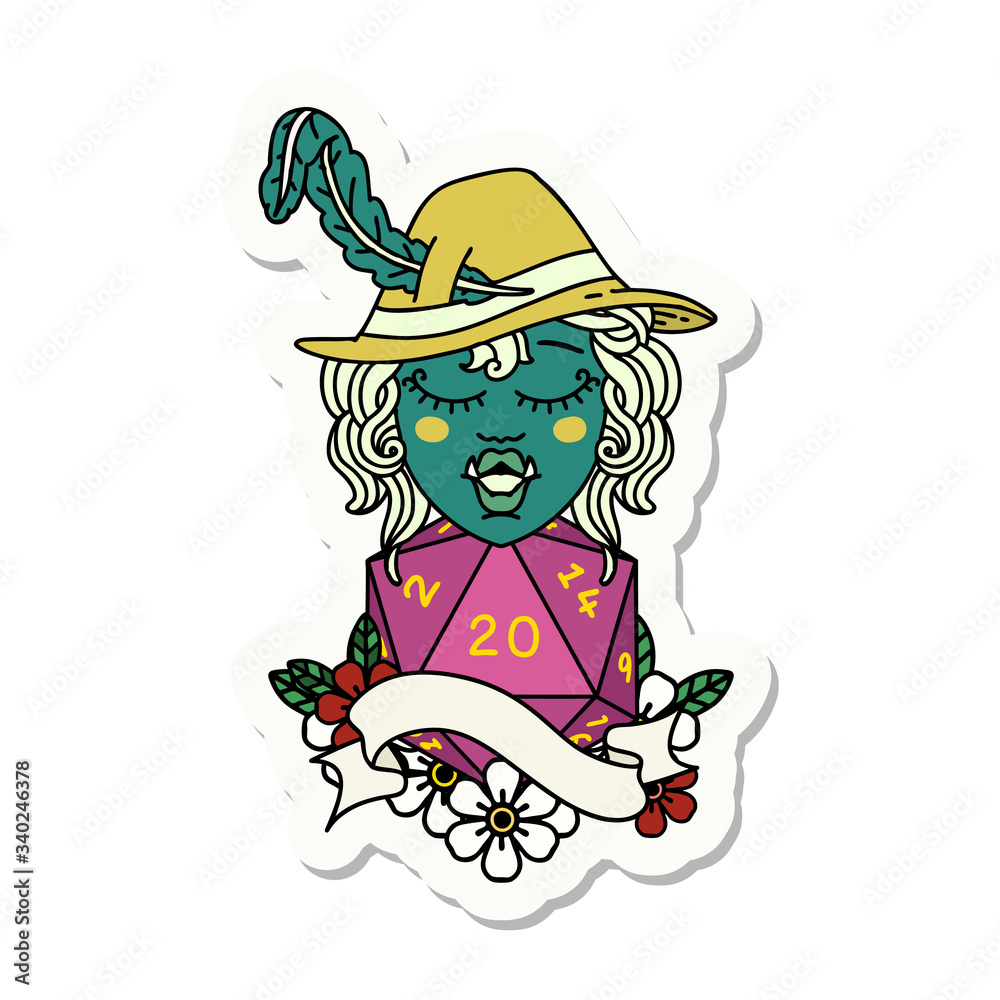 singing half orc bard character with natural twenty dice roll sticker