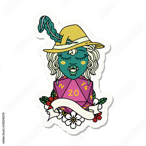singing half orc bard character with natural twenty dice roll sticker