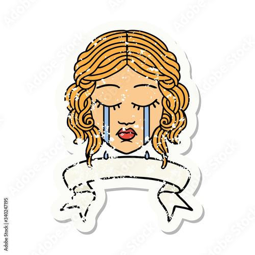 grunge sticker with banner of female face crying