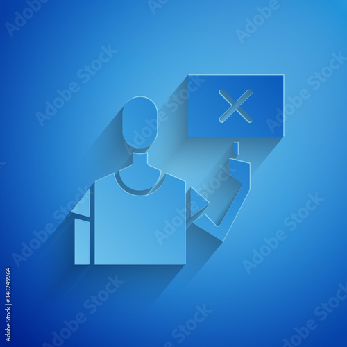 Paper cut Nature saving protest icon isolated on blue background. Earth planet protection, environmental issues demonstration. Paper art style. Vector Illustration