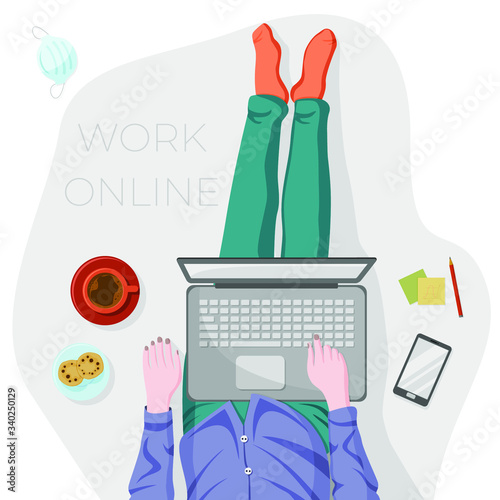 Work from home concept, top view, quarantine, freelancers man working on computer at home online. Stay home vector illustration. Flat cartoon character