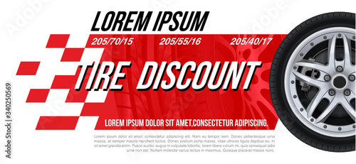 Tire car advertisement poster. Landscape poster, digital banner, flyer, booklet, brochure and web design.Black rubber tire. Realistic vector shining disk car wheel tyre. Information. Store. Action. 