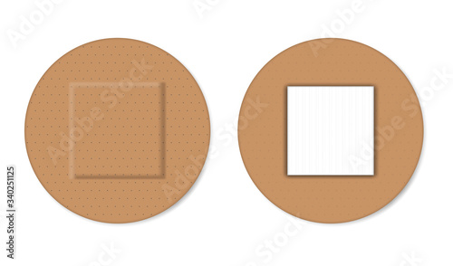 Round adhesive pad bandage, realistic vector illustration. First aid band for wound care