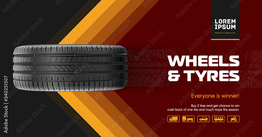 Tyre car advertisement poster. Car tire and track traces. Vector