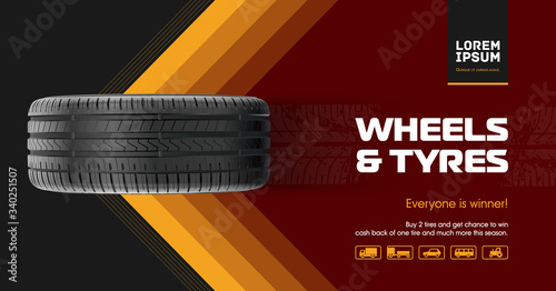 Tyre car advertisement poster. Car tire and track traces. Vector illustration dirty grunge. 3D illustration wheel. Black rubber tire.  Banner. Promo. Information. Store. Action. Car Service. Repair.