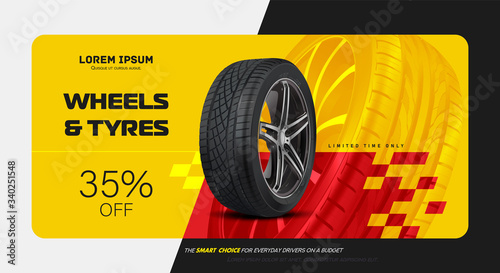 Black rubber tyre. Realistic vector shining disk car wheel tyre. Information. Tire car advertisement poster.  Store. Action. Landscape poster, digital banner, flyer, booklet, brochure and web design.