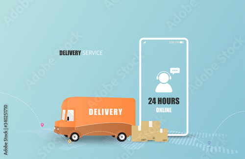 Online delivery service concept. Mobile order tracking. Delivery van to destination. Online logistics. Delivery on smartphone. Vector illustration