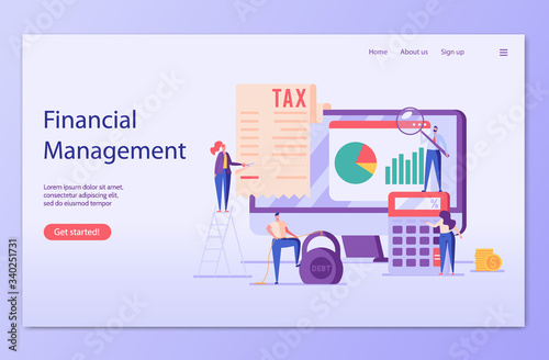 People count money on calculator. Financial administration service. Concept of financial management, debt, duty, audit and accounting. Vector illustration in flat design for UI, banner, mobile app