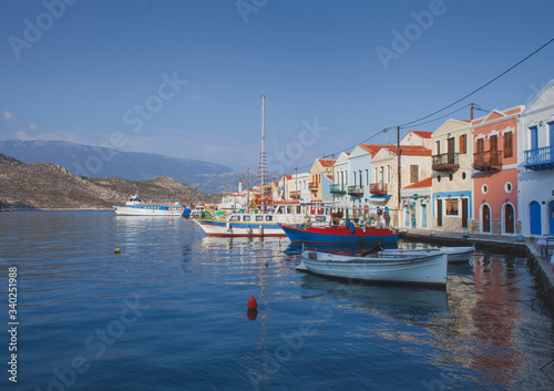 Sea landscape of the town of Meis and yachts and boats on the port, Kastellorizo , Greece.
