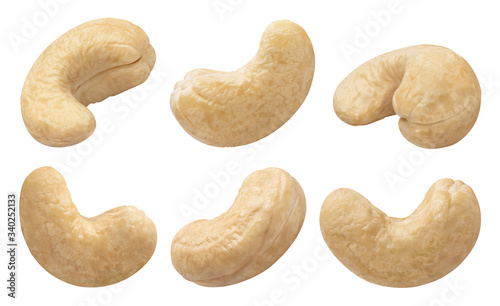 Set of delicious cashew nuts, isolated on white background