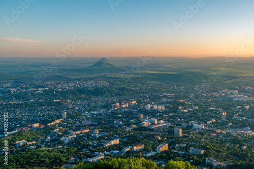 Evening Pyatigorsk. View from mount Mashuk. In the background, mount Elbrus.