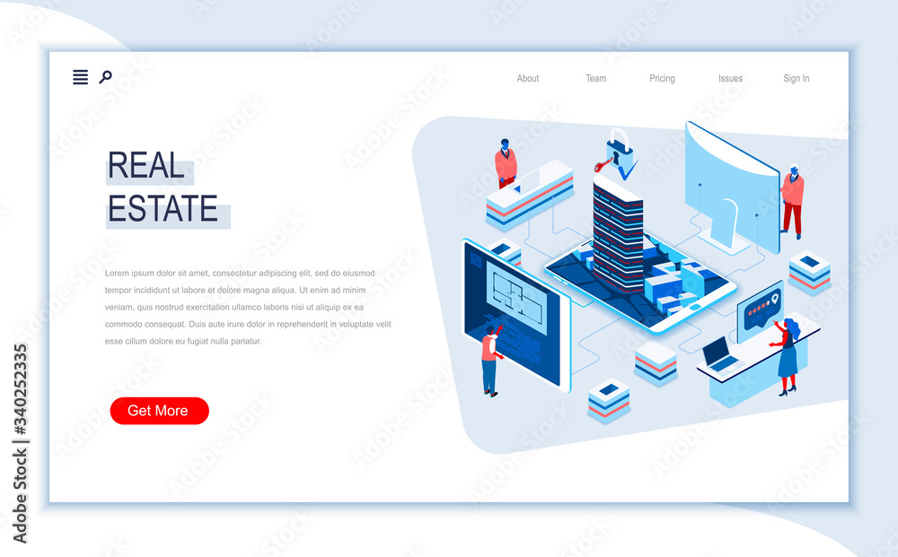 Real estate agency isometric landing page. Residential and commercial real estate property, buy, rent and mortgage services. Digital technology concept. People in work situation 3d vector isometry.