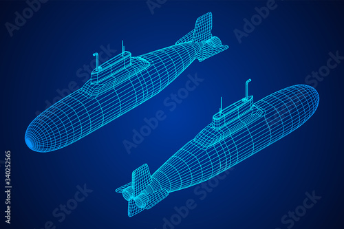 Military atomic submarine underwater boat. Wireframe low poly mesh vector illustration photo