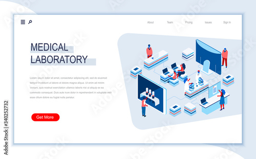 Medical laboratory isometric landing page. Pharmacy industry, patient testing and diagnosis, vaccine development. Digital technology and devices. Busy people in work situation 3d vector isometry.