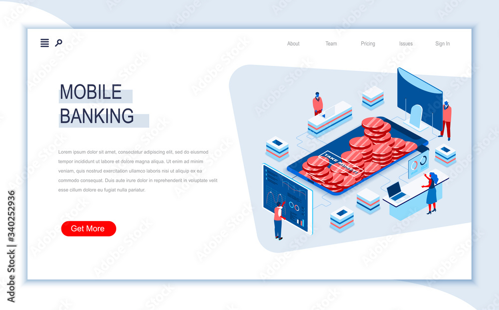 Mobile banking isometric landing page. Mobile application for money transaction, online payment and financial accounting. Digital technology and devices. People in work situation 3d vector isometry.