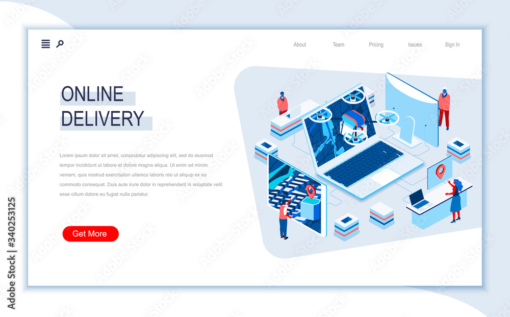 Online delivery isometric landing page. Express delivery service, worldwide commercial shipment, online order and tracking. Digital technology and devices. People in work situation 3d vector isometry.