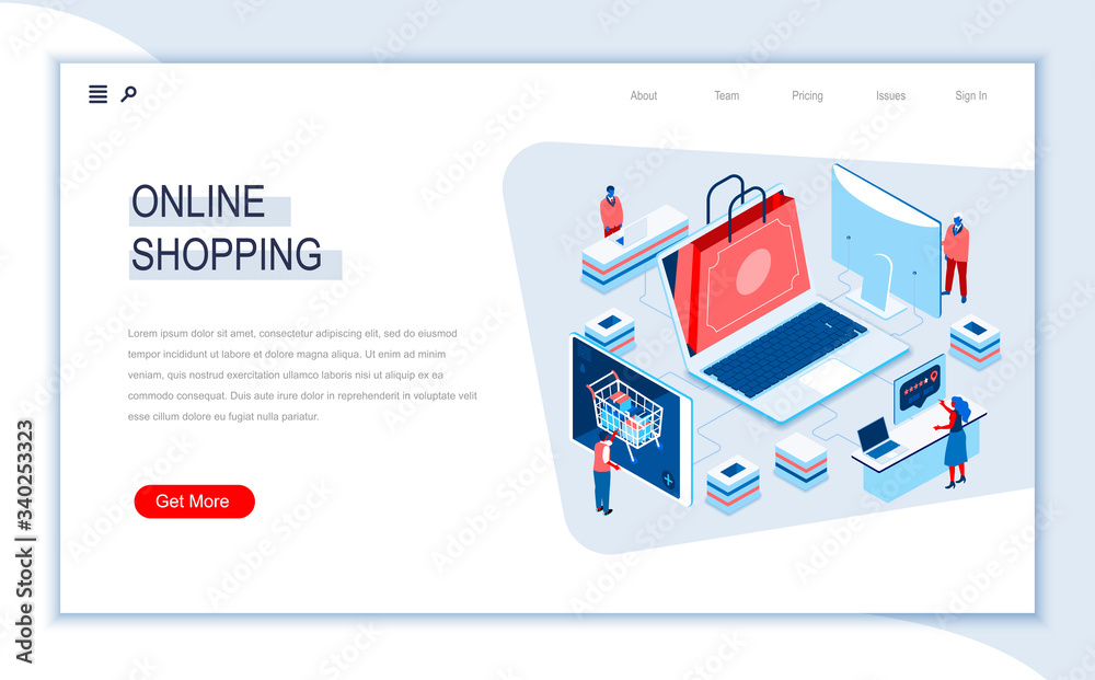 Online shopping isometric landing page. E-commerce business, web solution for online shopping platform, customer consultation. Digital technology and devices. People in work situation vector isometry.