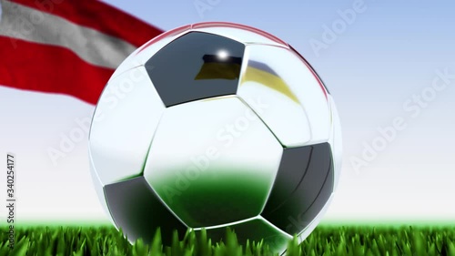 Seamless looping 3d animation of a soccer ball reflecting the flags of Ukraine and Austria in 4K resolution