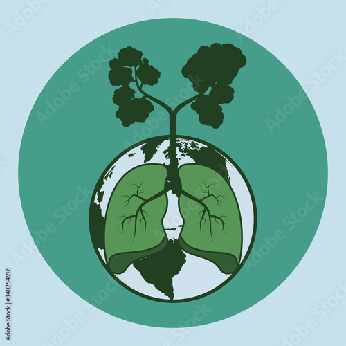Lung, globe and silhoutte of tree in dark green. Tree the lung of world concept